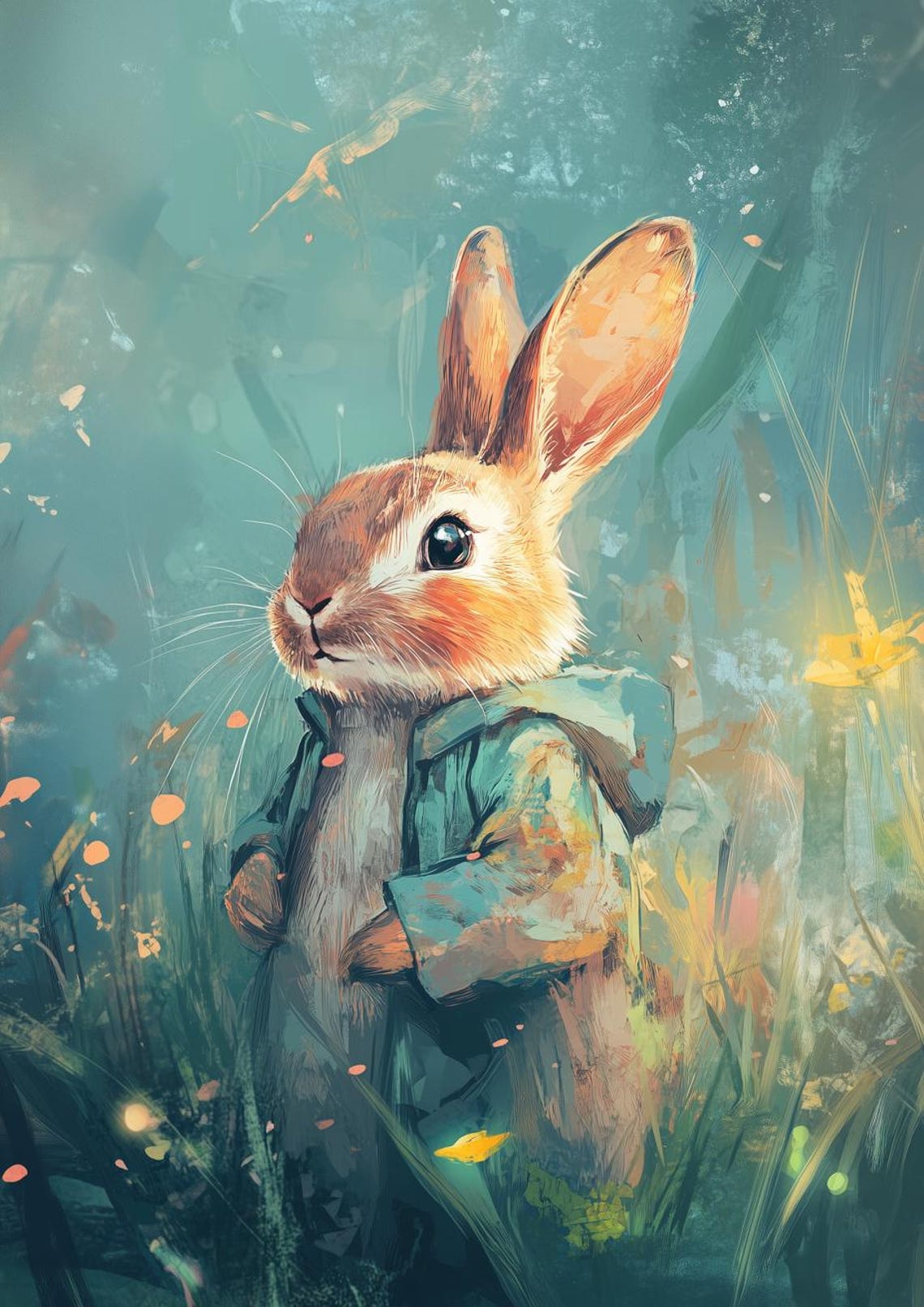 Whimsical Bunny in a Blue Jacket in a Dreamy Teal Meadow Poster