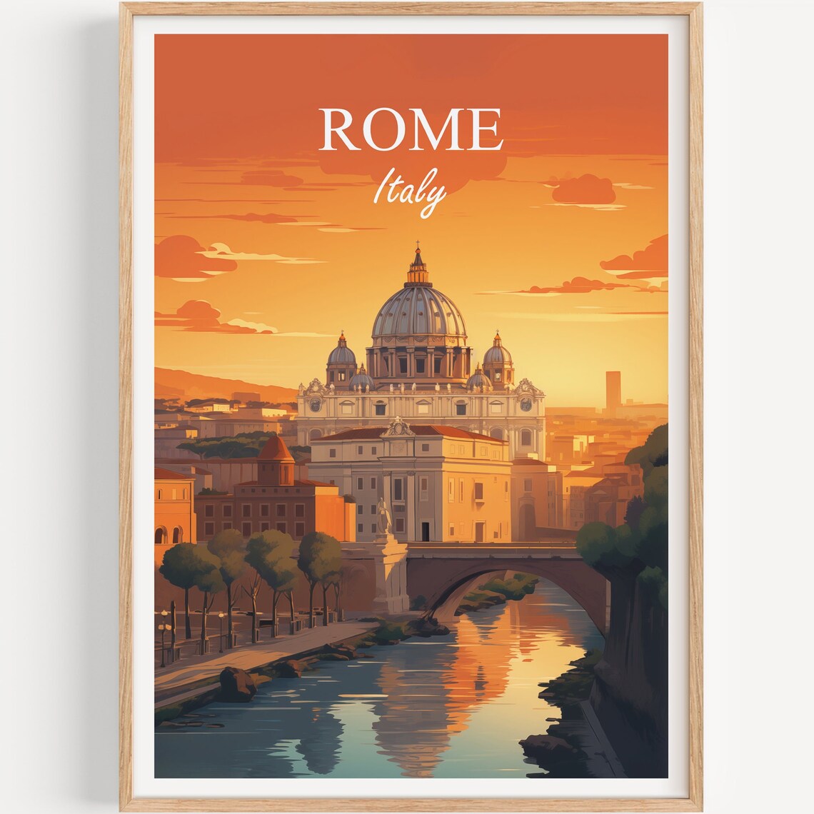 Rome Italy St Peters Basilica Sunset Tiber Bridge Golden Hour Poster
