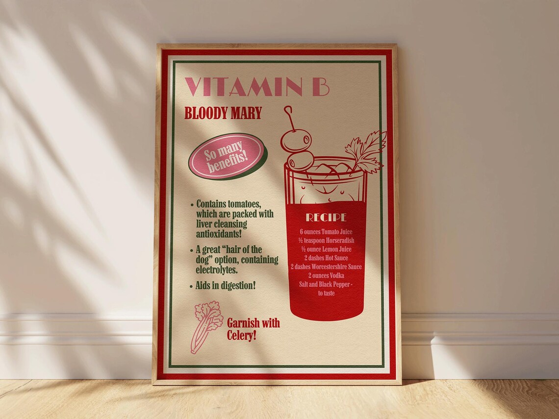 Vitamin B Bloody Mary Poster with Vintage Cocktail Recipe Artwork