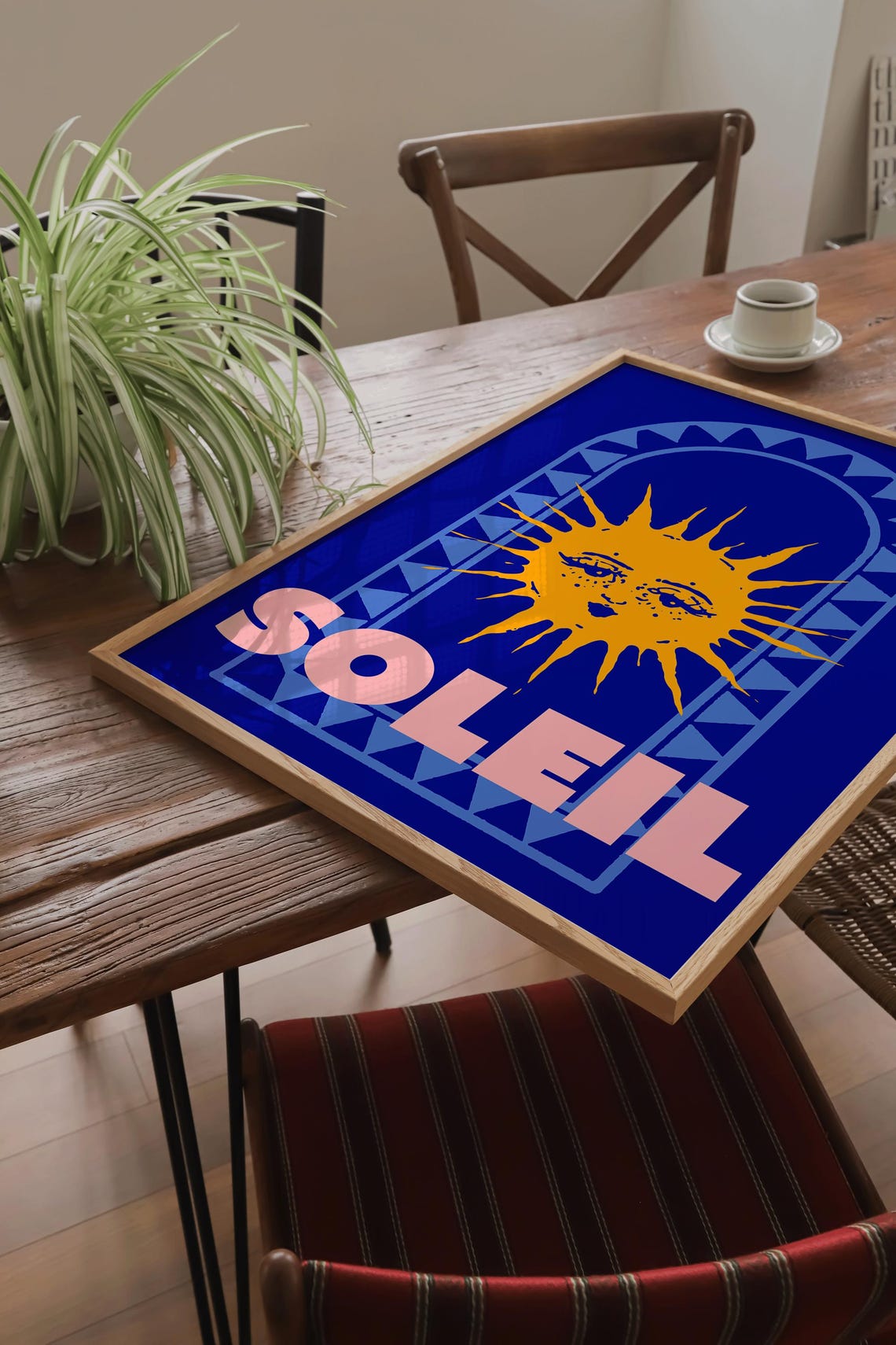 Soleil Sun Poster with Retro Sun Face on Cobalt Blue Arch Design