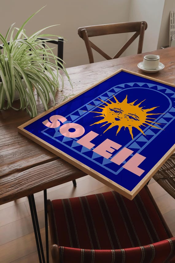 Boho Sun Art Print Retro Soleil Wall Art Bold Sunburst Poster Vintage Sun Art Blue And Yellow Art European Art French Poster