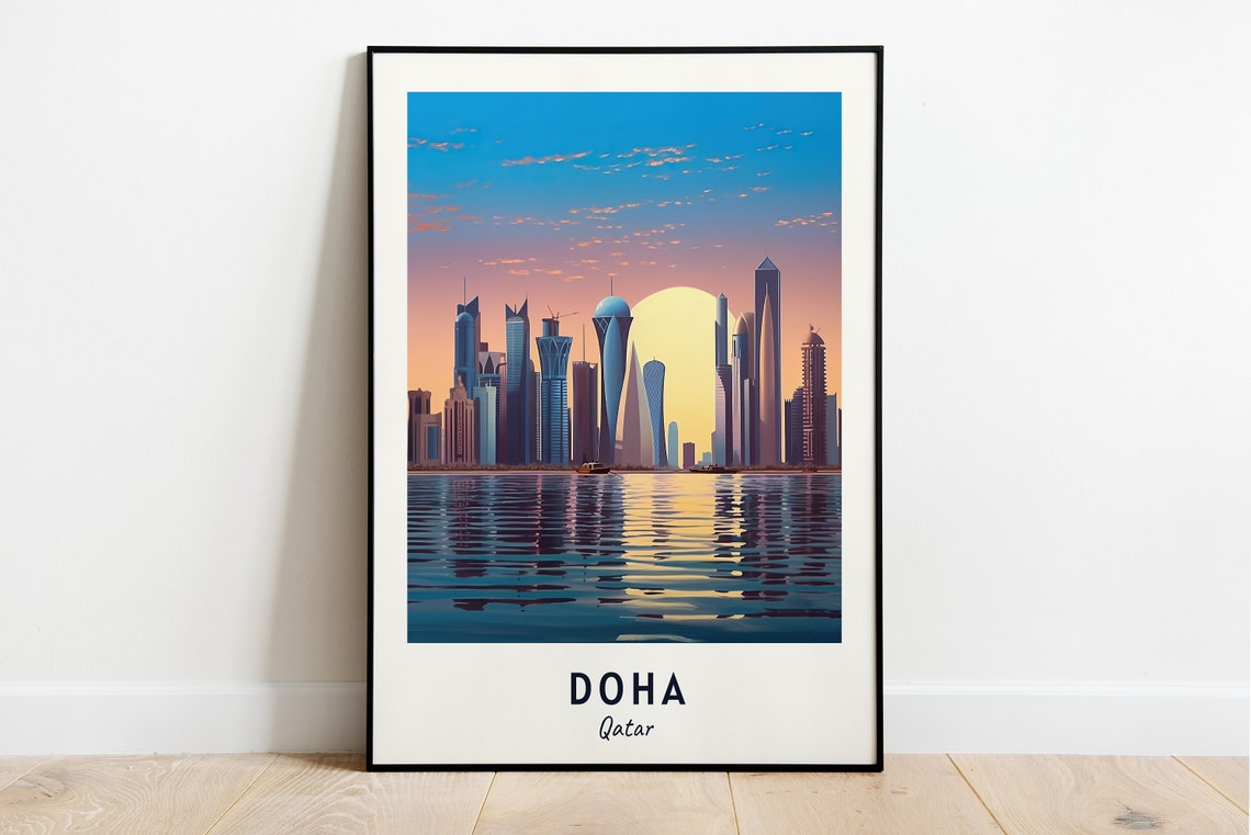 Doha Qatar Skyline Sunset Water Reflection Modern City Travel Poster