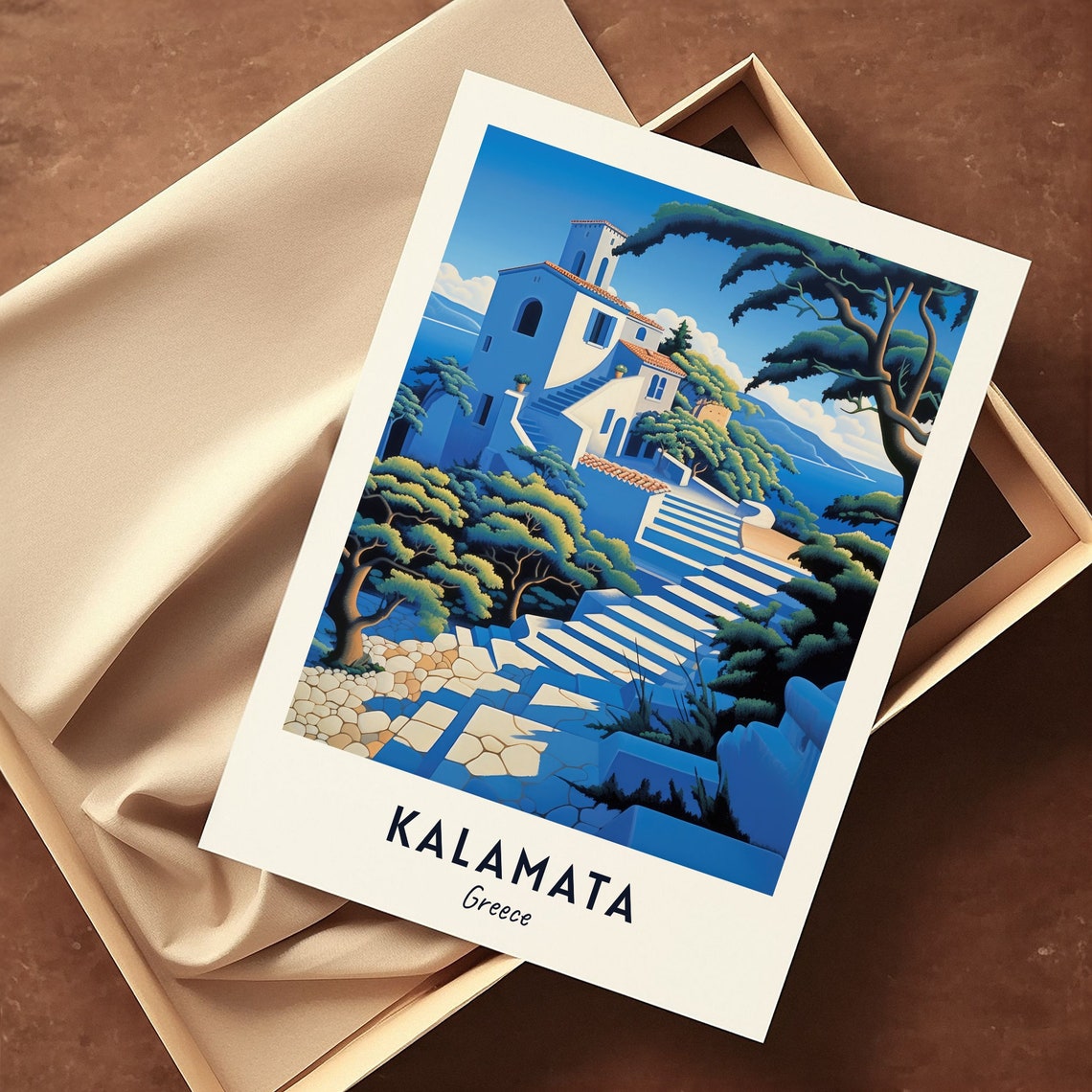 Kalamata Blue White Seaside Hillside Stairs Coast Travel Poster - Image 3