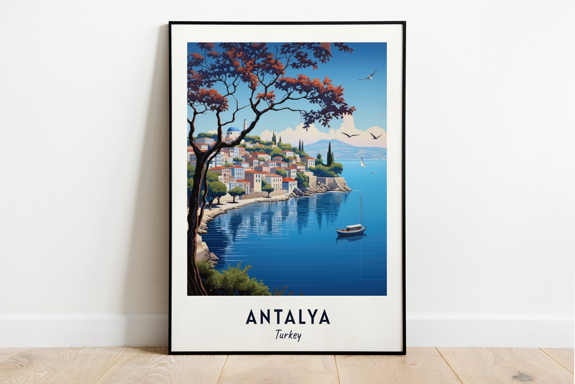 Antalya Turkey Harbor Bay Red Tree Minimalist Seascape Travel Poster