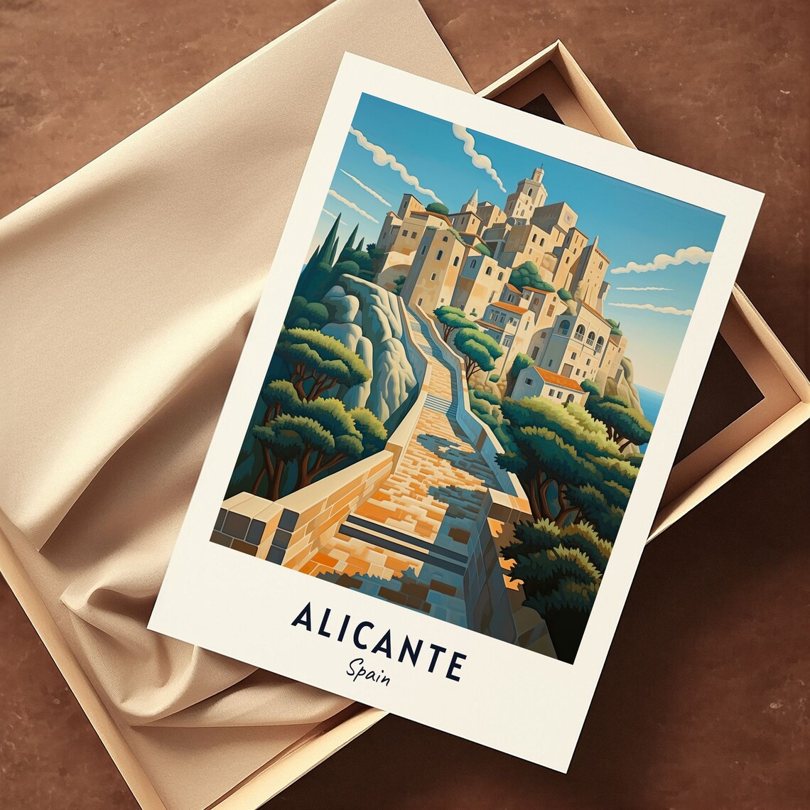 Alicante Spain Hilltop Castle Fortress Winding Path Travel Poster - Image 3