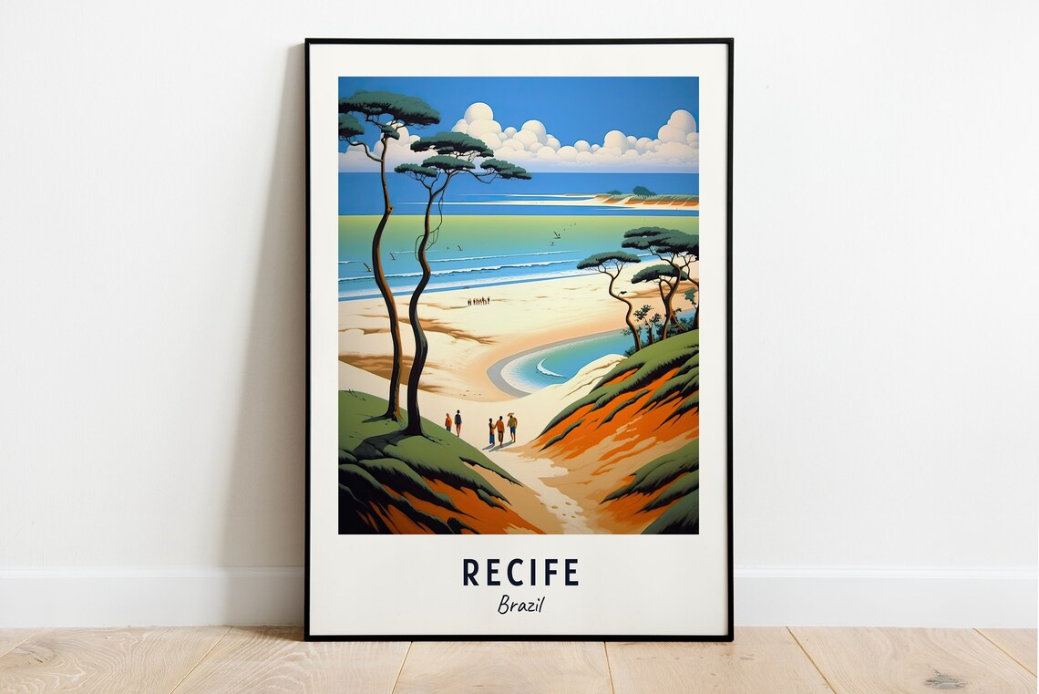 Recife Brazil Sandy Beach Palms And Walkers Tropical Coast Travel Poster