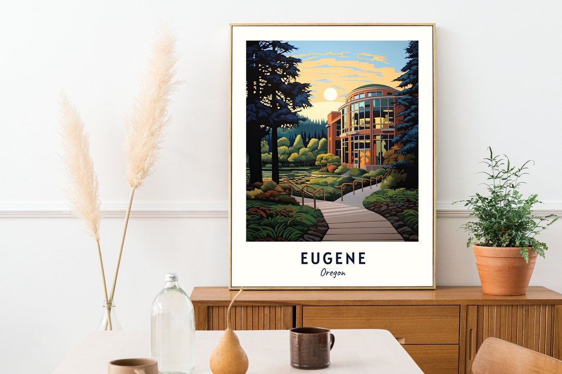 Eugene Oregon Riverfront University Building Sunset View Travel Poster - Image 2