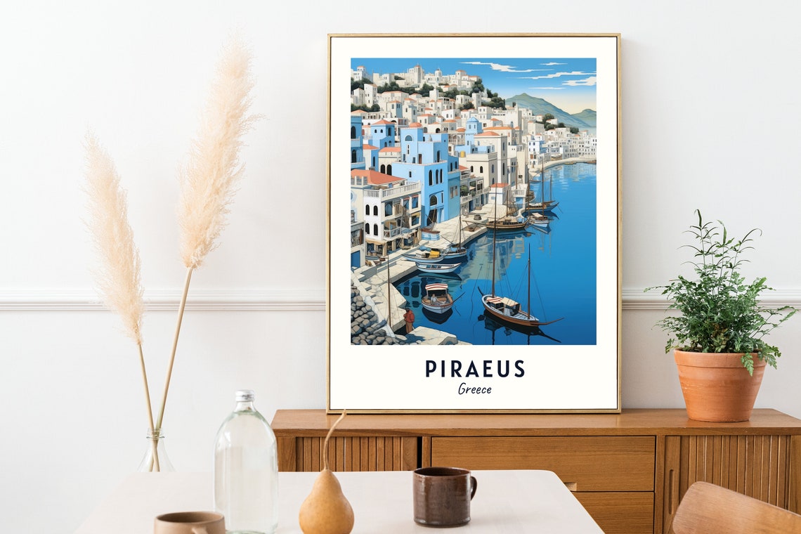 Whitewashed Harbor Town with Fishing Boats Piraeus Greece Poster - Image 2