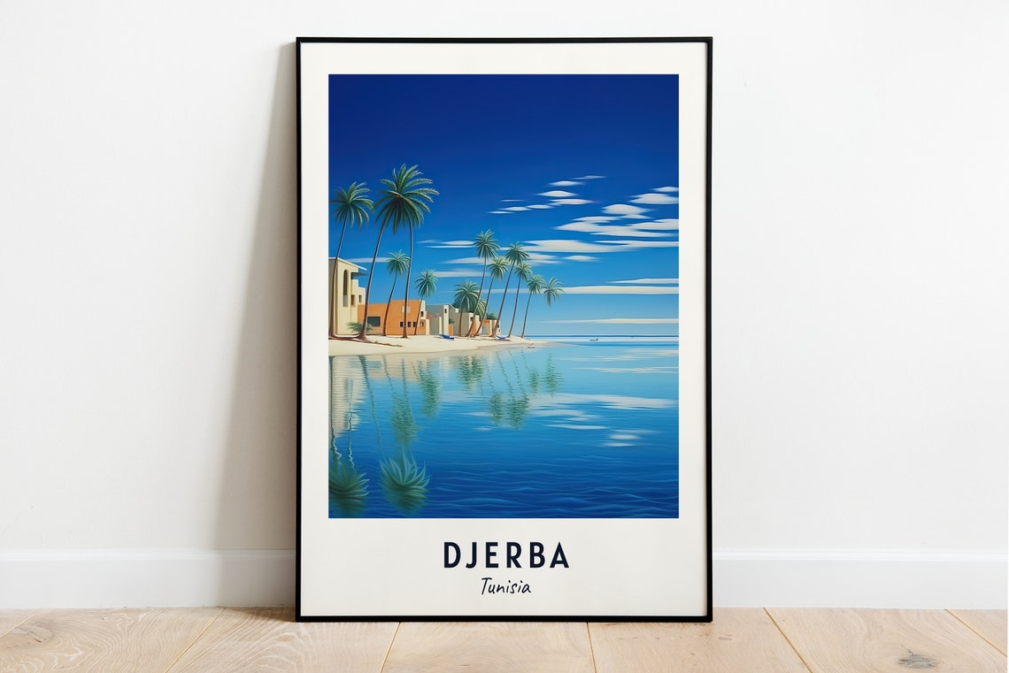 Djerba Tunisia Palm Beach Calm Blue Lagoon Reflection Travel Poster