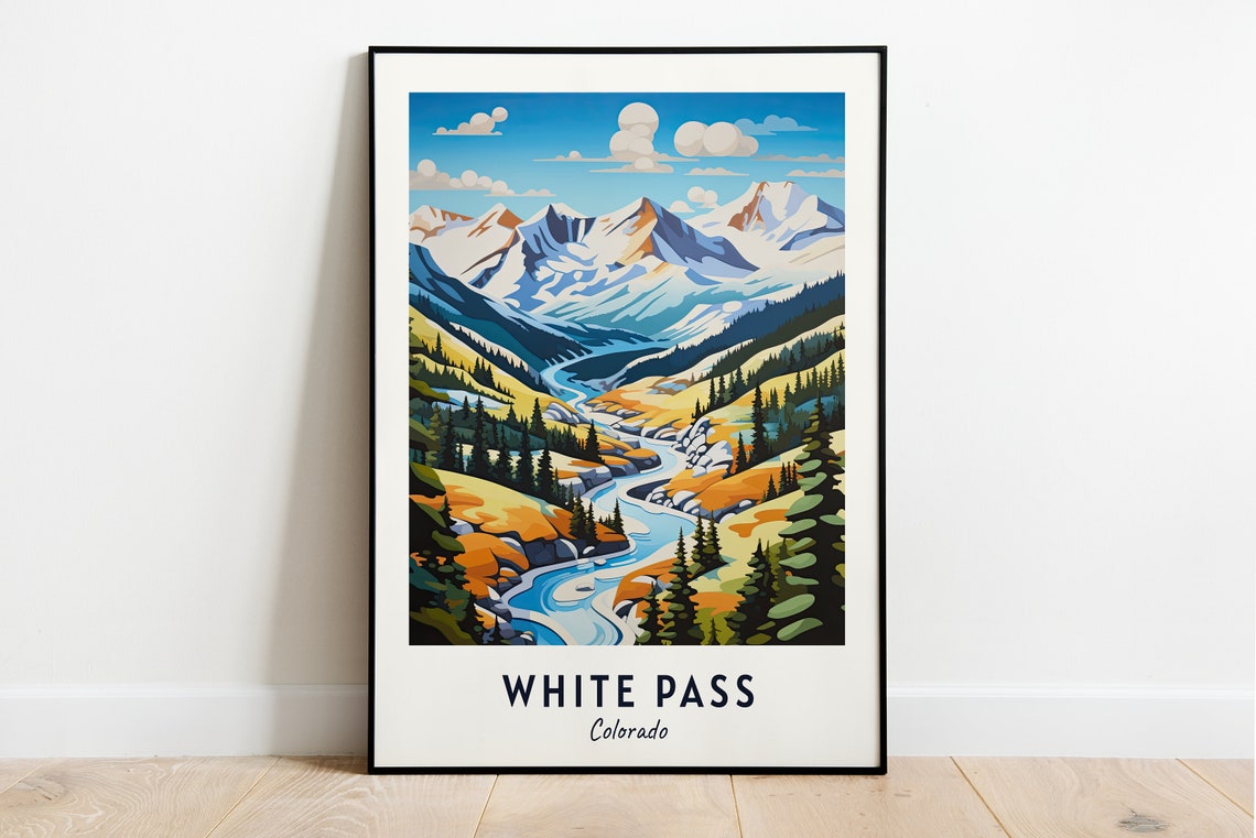 White Pass Colorado Alpine Valley Winding River Snow Peaks Poster