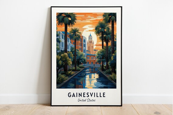 Gainesville United States Palm Canal Sunset With Clock Tower Poster
