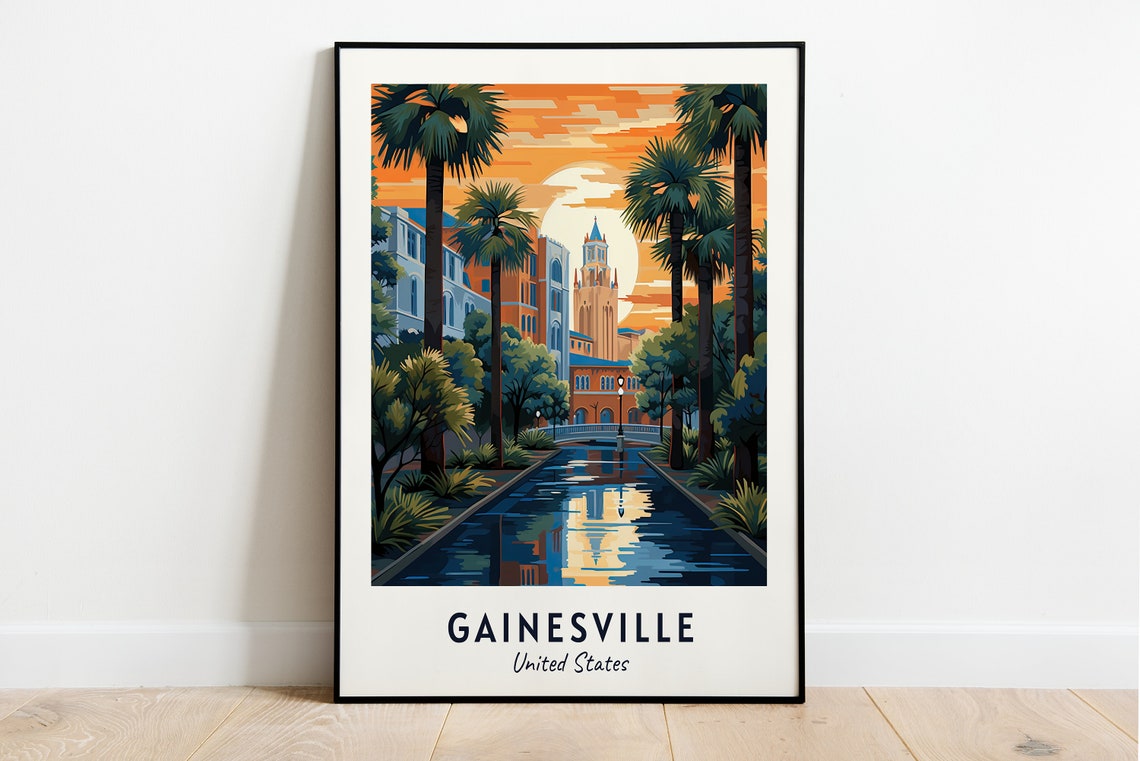 Gainesville United States Palm Canal Sunset With Clock Tower Poster