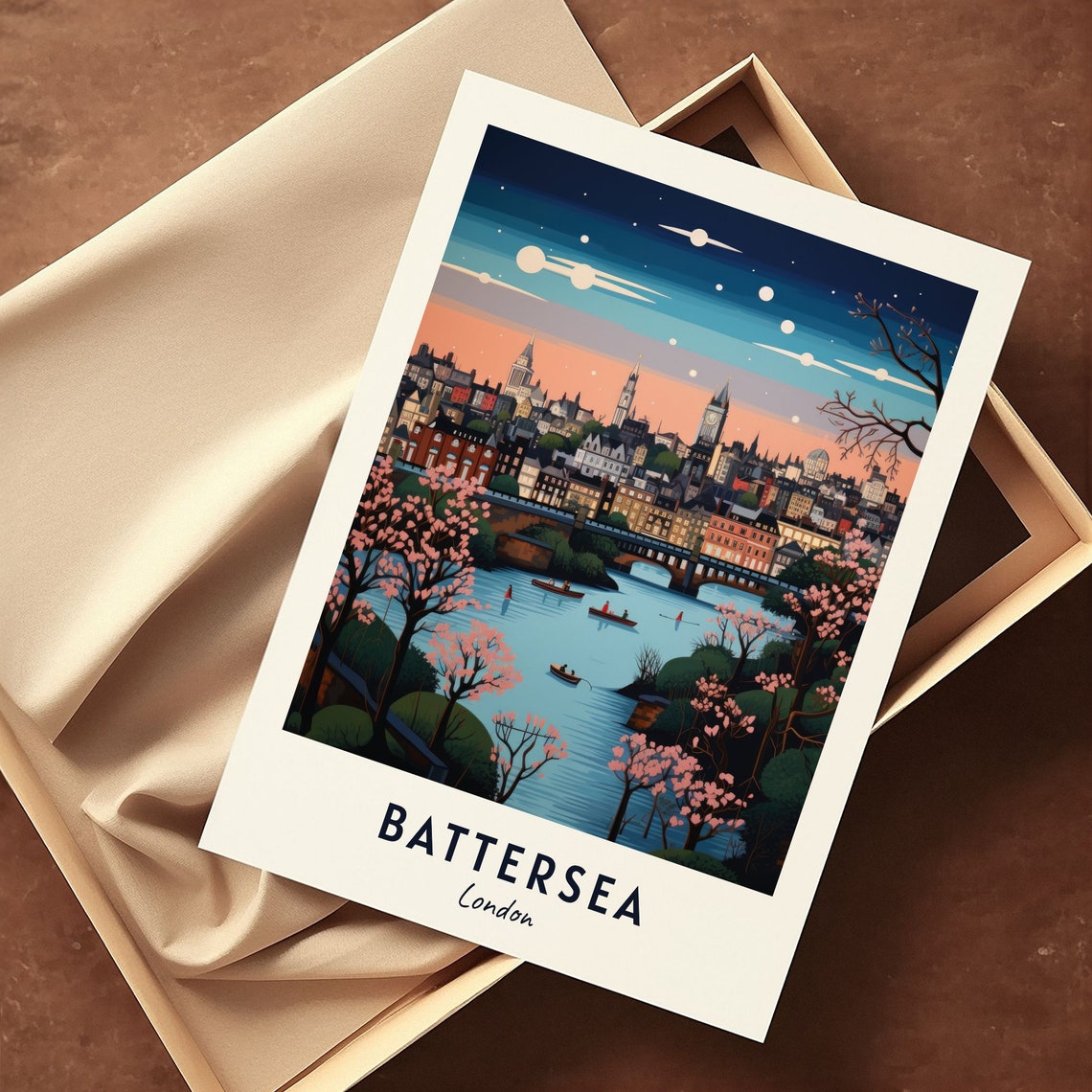 Battersea London Thames Dusk Cherry Blossom Riverside Travel Poster - Image 3