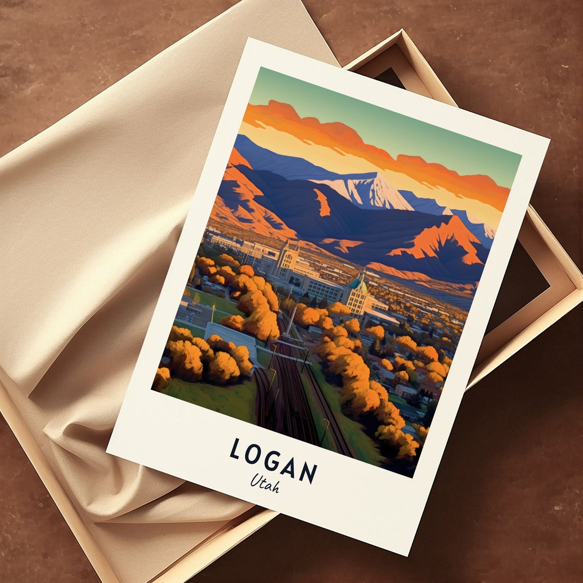 Logan Utah City Sunrise Mountain Peaks Fall Trees Travel Poster - Image 3