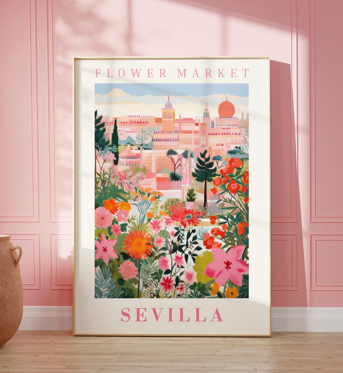 Sevilla Flower Market Poster with Giralda Tower Garden Blooms