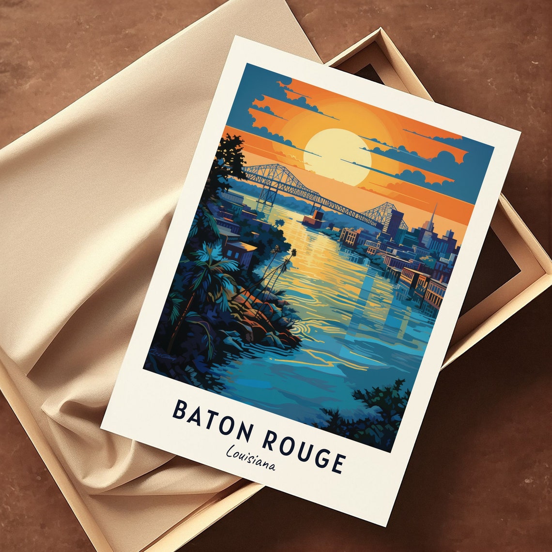 Baton Rouge Louisiana Sunset River Bridge Skyline Travel Poster - Image 3