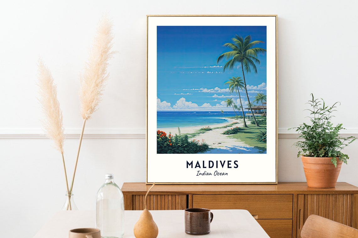 Maldives Palm-Lined Beach White Sand Indian Ocean Travel Poster - Image 2