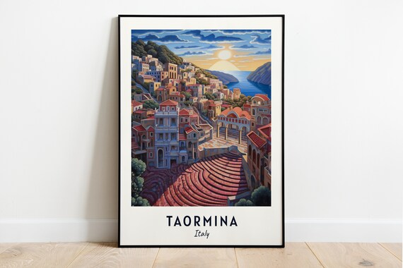 Taormina Ancient Theater Coastal Sunset Overlook Travel Poster