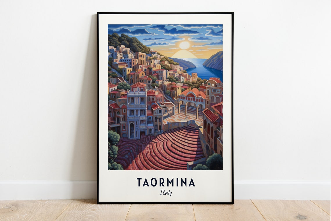 Taormina Ancient Theater Coastal Sunset Overlook Travel Poster