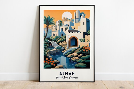 Ajman Fort White Citadel Sunset Palm Garden Pond Travel Poster