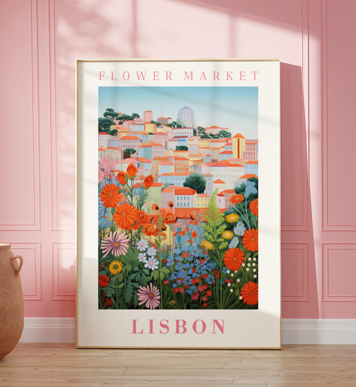 Lisbon Flower Market Poster with Alfama Hillside Daisy Garden