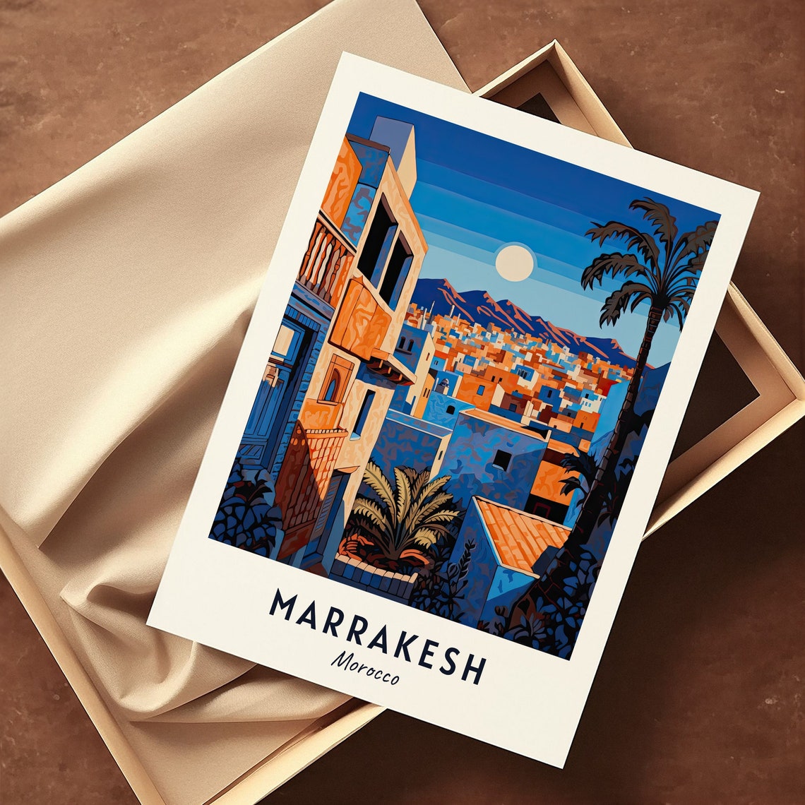 Marrakesh Morocco Blue Medina Rooftops Palm Moon Night Travel Poster - Image 3
