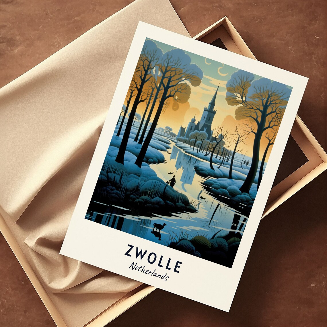 Zwolle Netherlands Winter Canal Church Tower Sunset Travel Poster - Image 3