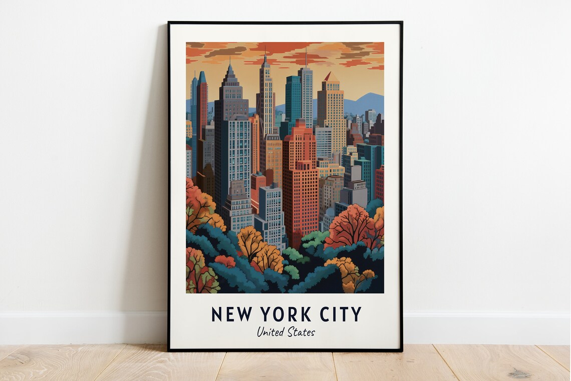 New York City Manhattan Skyline Autumn Trees City Travel Poster