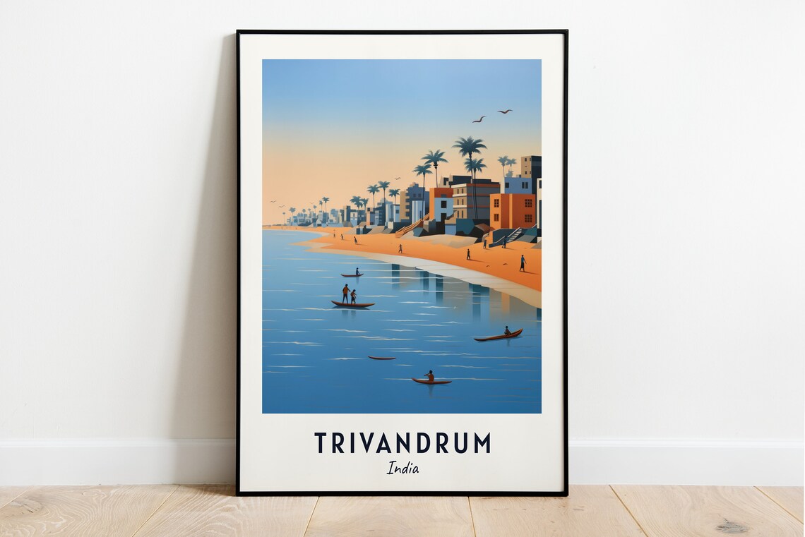 Trivandrum India Beach Fishing Boats Sunset Kerala Travel Poster