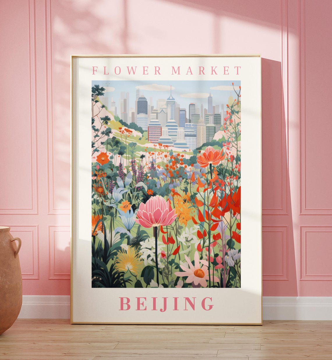 Beijing Flower Market Poster with Pink Peony City Skyline Garden Art
