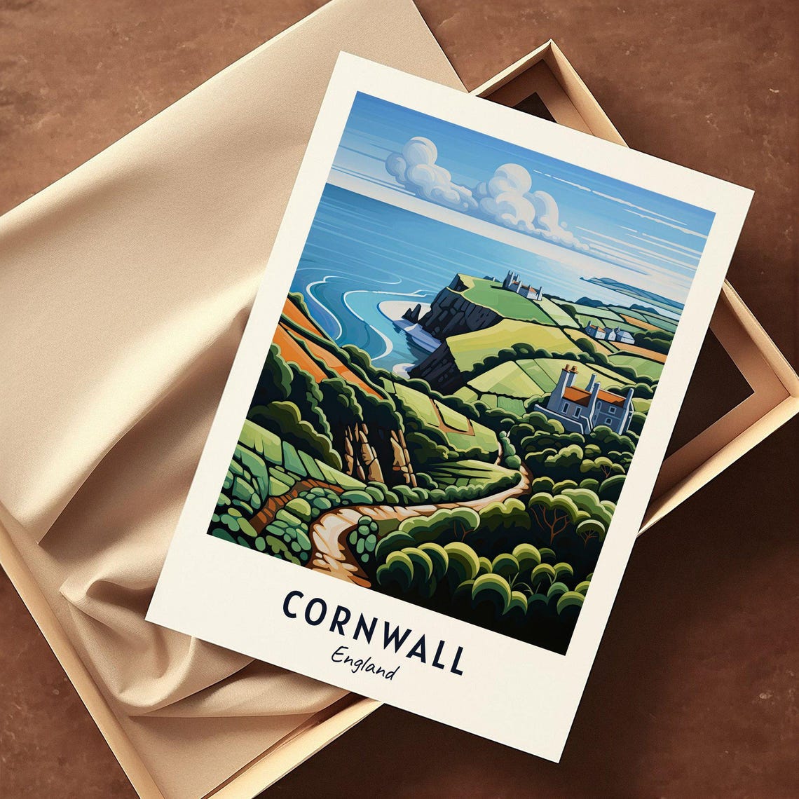 Cornwall England Coastal Cliffs Church Countryside Travel Poster - Image 3