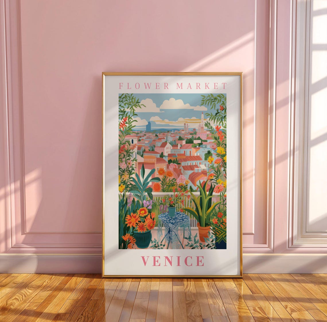 Venice Flower Market Poster with Terrace Garden Rooftop View - Image 3