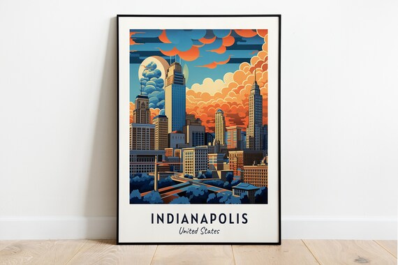 Indianapolis Downtown Skyline Dramatic Sunset Clouds Travel Poster
