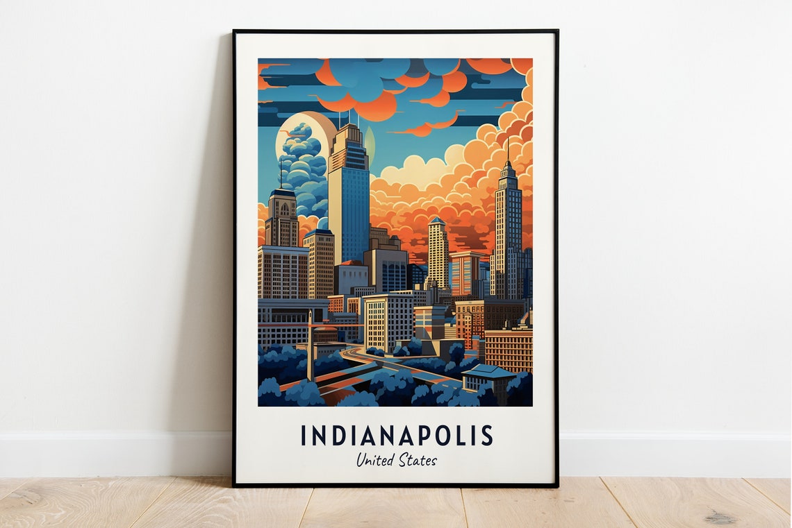 Indianapolis Downtown Skyline Dramatic Sunset Clouds Travel Poster