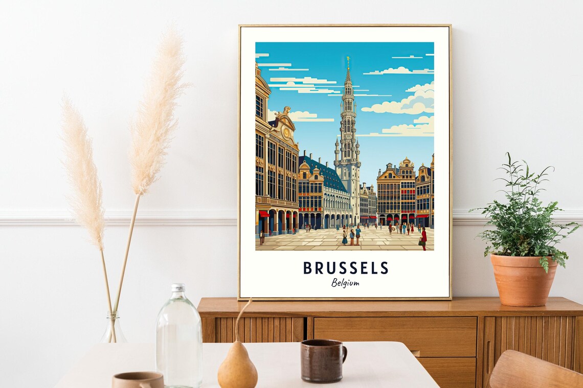 Brussels Belgium Grand Place Town Hall Spire Europe Travel Poster - Image 2