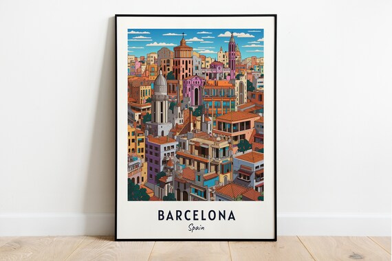Barcelona Colorful Cityscape Church Towers Daytime Travel Poster