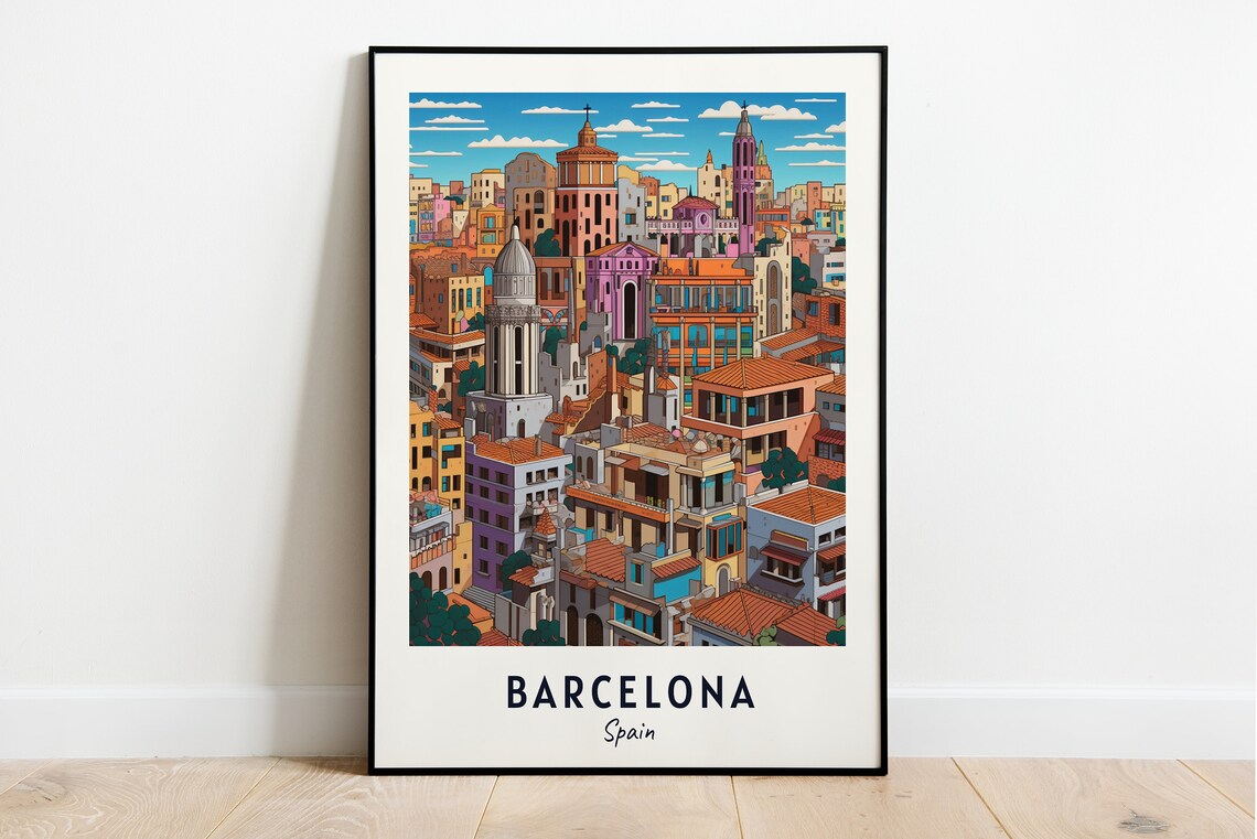 Barcelona Colorful Cityscape Church Towers Daytime Travel Poster
