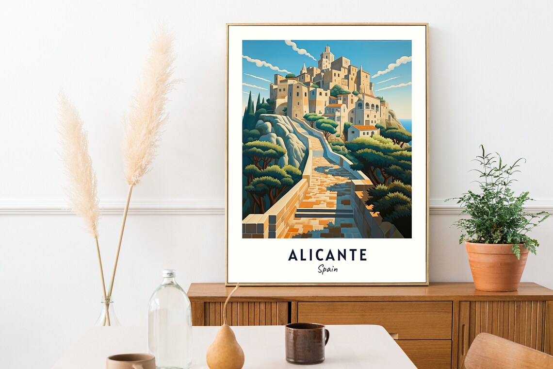 Alicante Spain Hilltop Castle Fortress Winding Path Travel Poster - Image 2