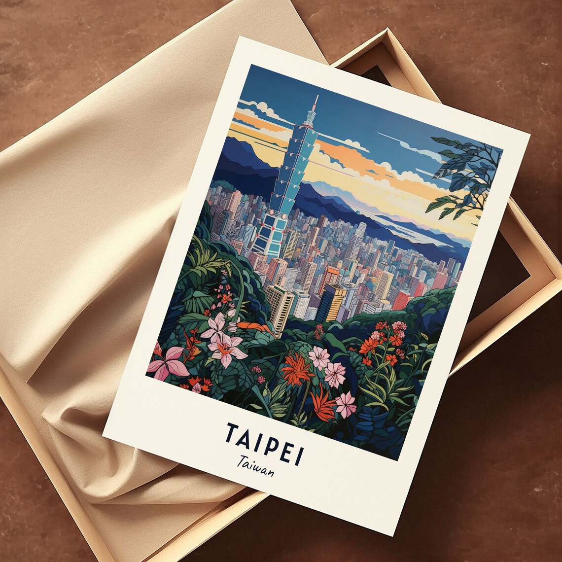 Taipei Taiwan Taipei 101 Tower Dusk Skyline Flowers Travel Poster - Image 3