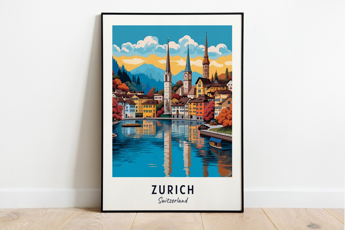 Zurich Daytime Lake Church Towers Mountain View Travel Poster