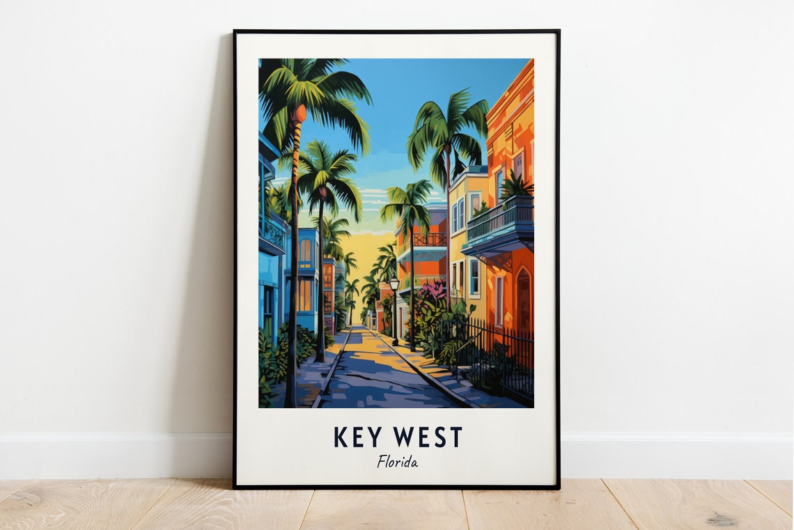 Key West Florida Palm Lined Street And Colorful Sunset Houses Poster