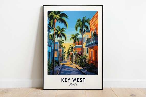 Key West Florida Palm Lined Street And Colorful Sunset Houses Poster