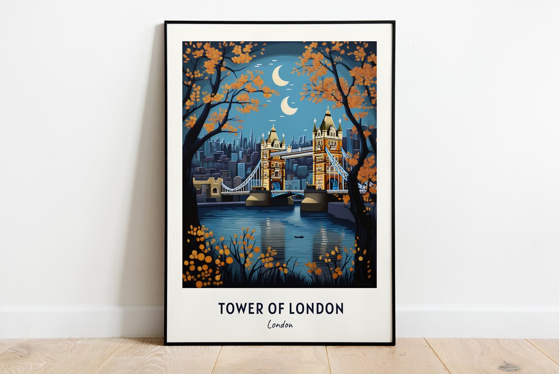 Tower of London Bridge Moonlit Thames Night Scene Travel Poster