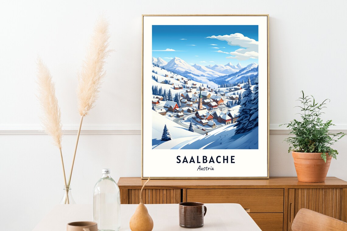 Saalbache Austria Valley Village and Church Tower Winter Poster - Image 2