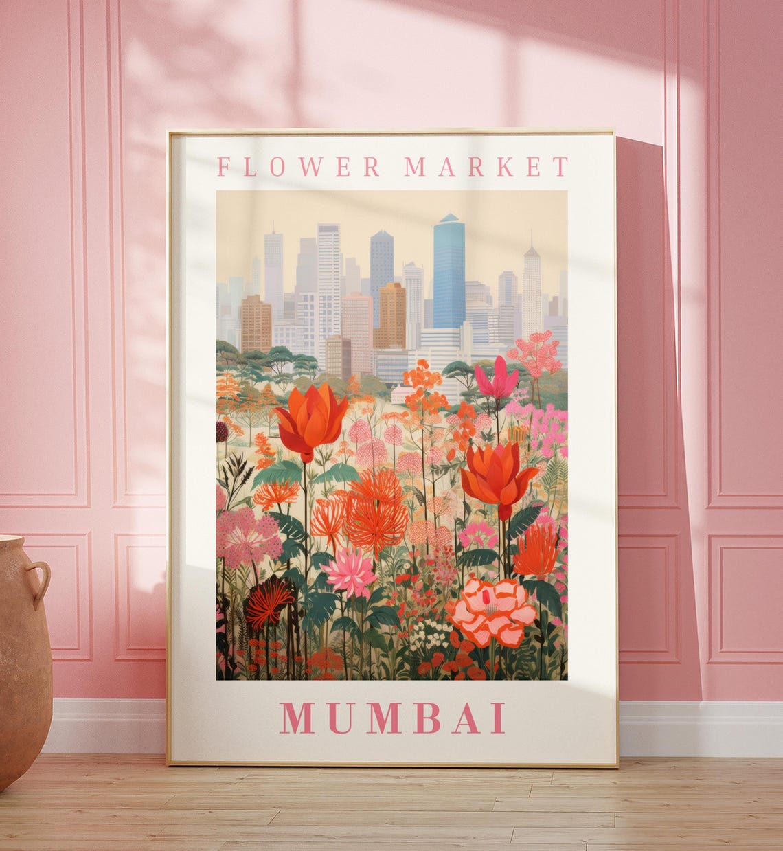 Mumbai India Flower Market Orange Lotus Bloom Skyline Travel Poster