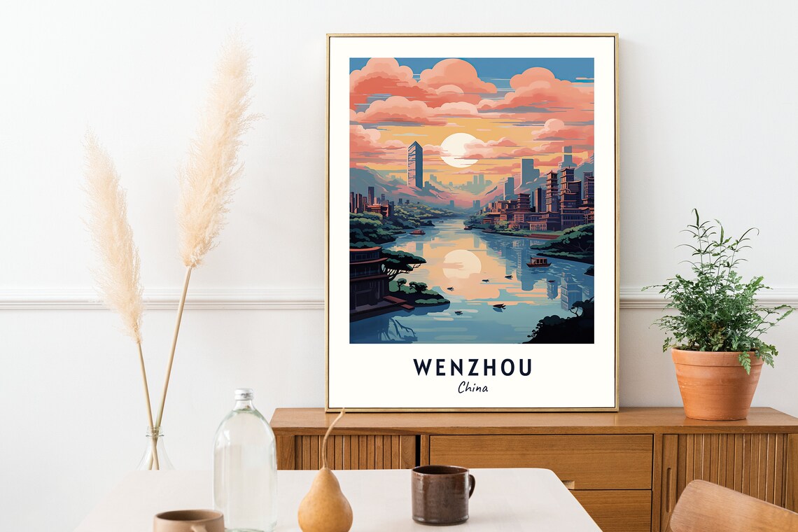 Wenzhou China River Sunset Skyline Pagoda Golden Hour Travel Poster - Image 2