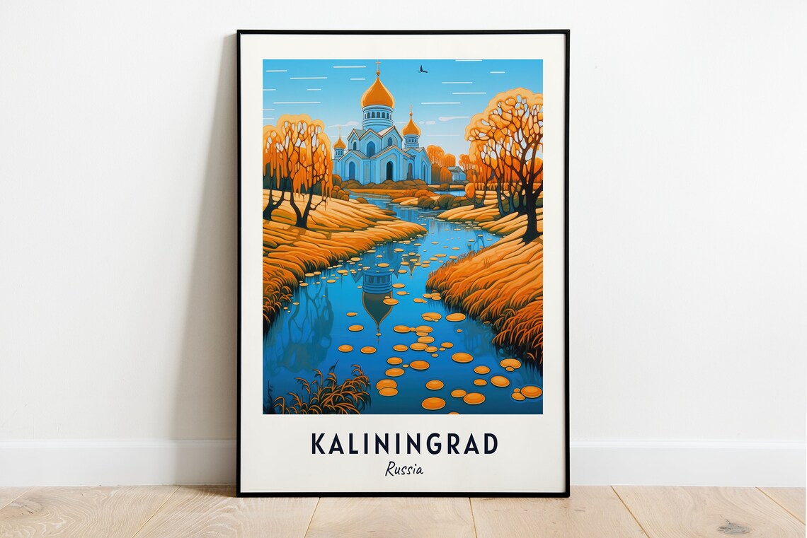 Kaliningrad Russia Golden Dome Church Autumn Travel Poster Artwork