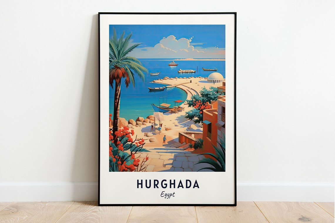 Hurghada Egypt Red Sea Beach Resort Palm Coast Boats Travel Poster
