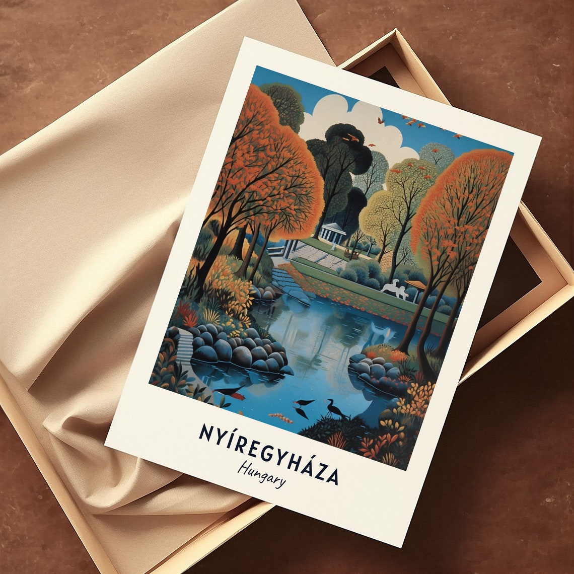 Nyíregyháza Autumn Park Lake with Pavilion in Hungary Poster - Image 3