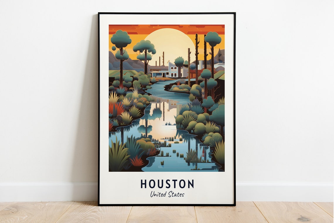 Houston USA Sunset Wetland Reflection Bayou Travel Poster Home Decor
